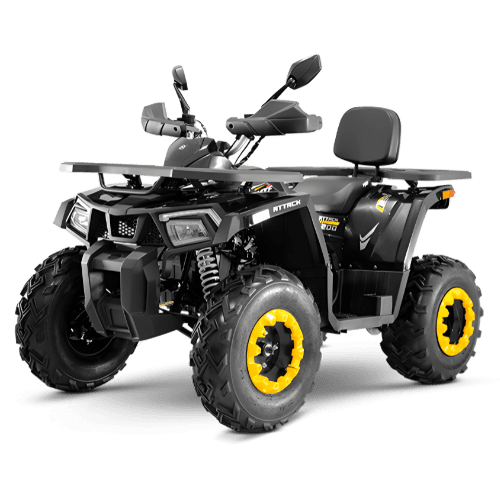 Quadriciclo MXF Attack 200 na cor preta com detalhes amarelos nas rodas, estacionado na MXF Burt Motos em Campinas. A imagem mostra o design robusto, faróis de LED com DLR e o porte grande do veículo.