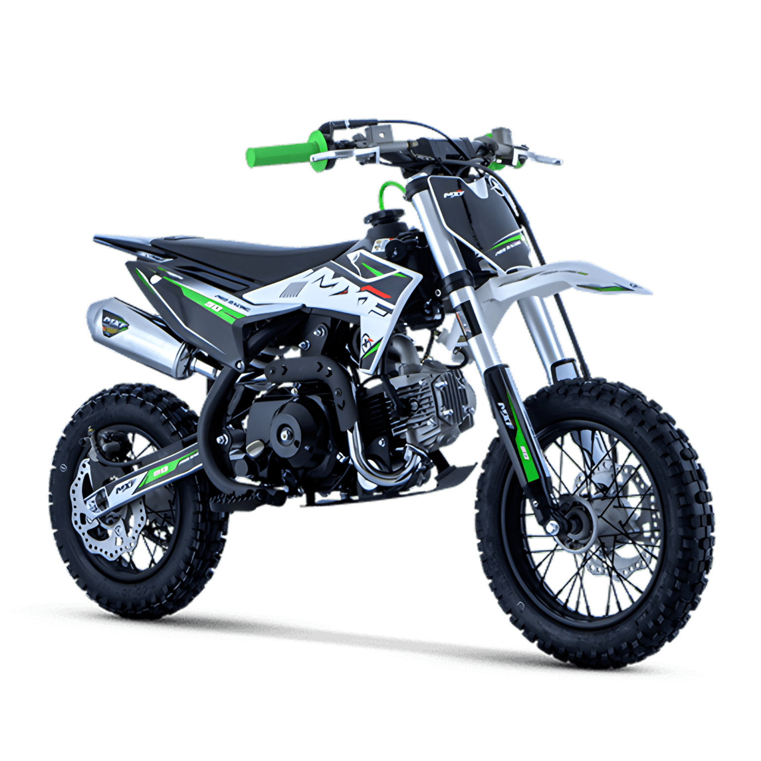 Vista frontal-lateral da MXF Pro Racing 90 com detalhes e manoplas na cor verde, em fundo preto isolado.