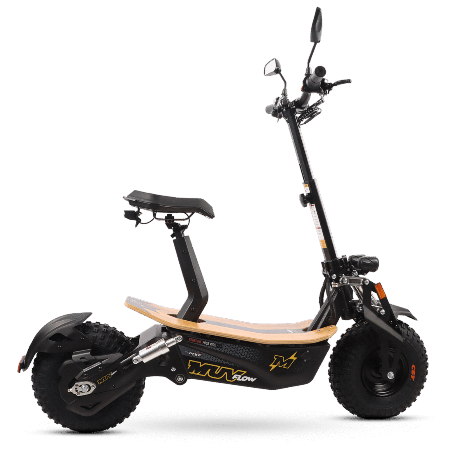 MUV Flow Amarela lateral com banco ajustável e suspensão dupla para mobilidade urbana.