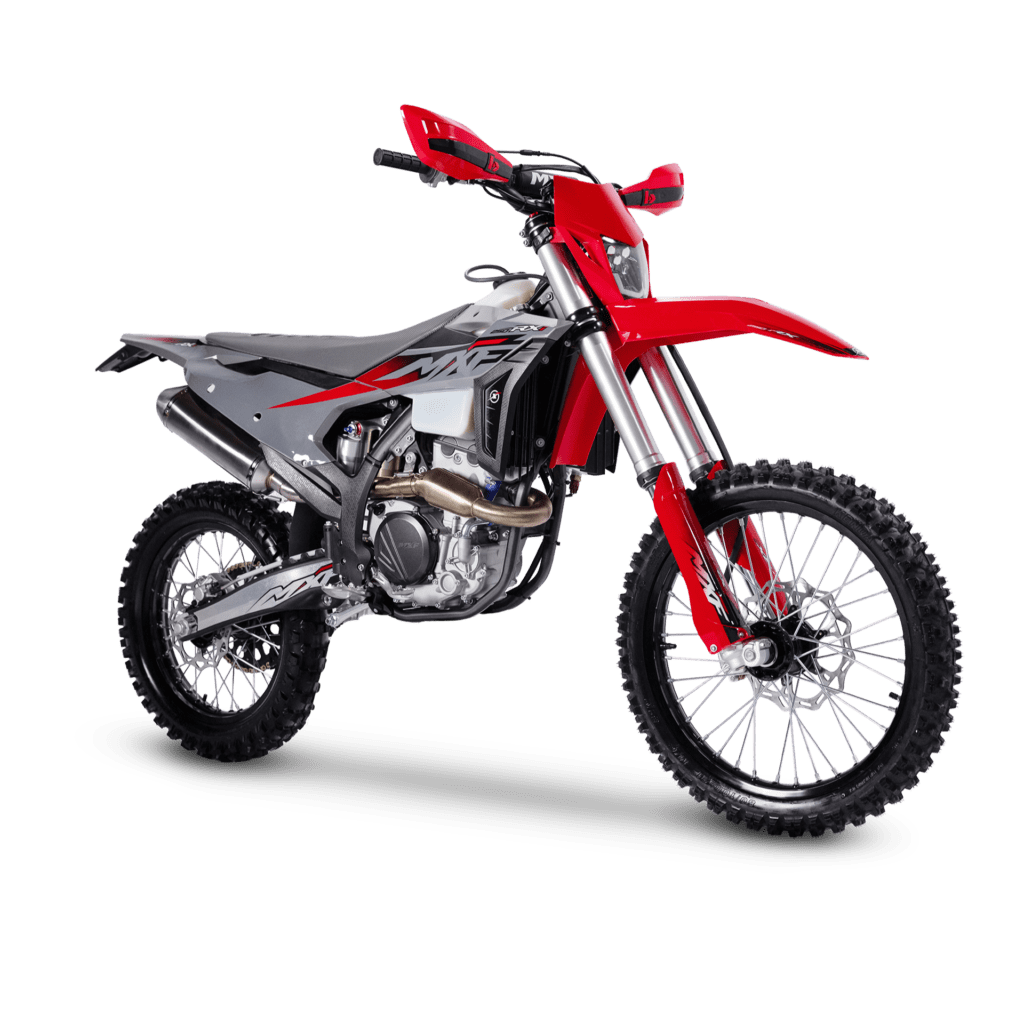 Vista frontal-lateral (3/4) da MXF 250 RXi, destacando a suspensão dianteira e o motor refrigerado a água.