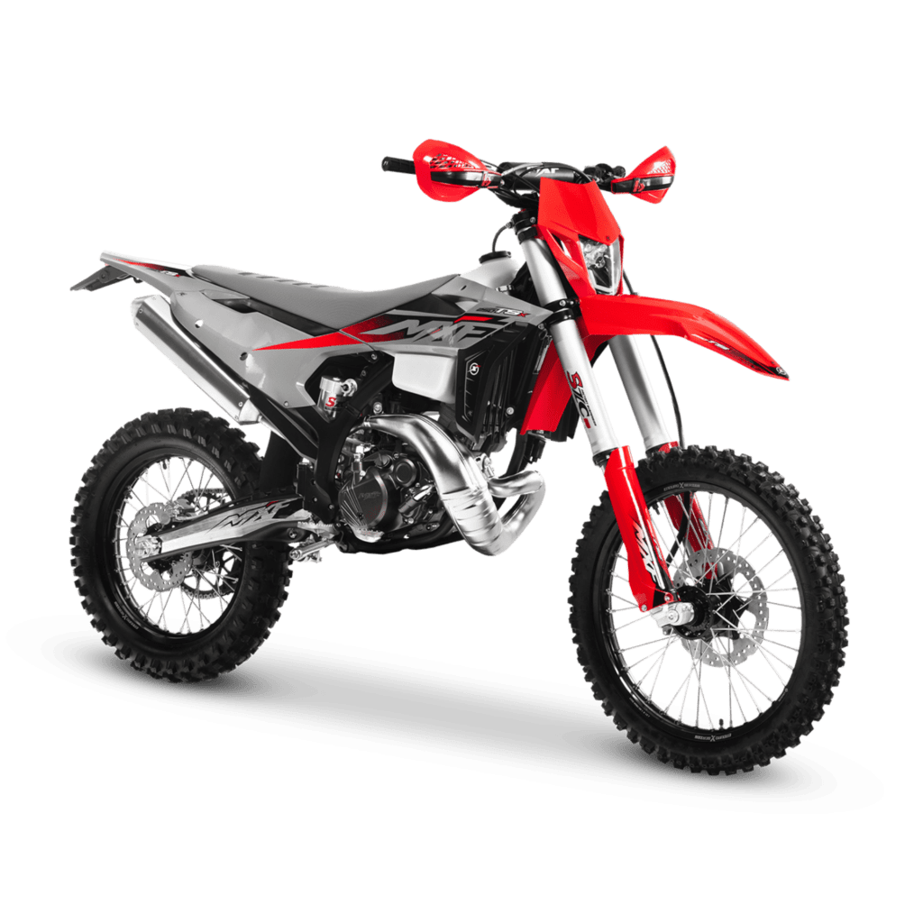 Vista frontal-lateral (3/4) da MXF 250 TSX, destacando a suspensão invertida SZC e o farol.