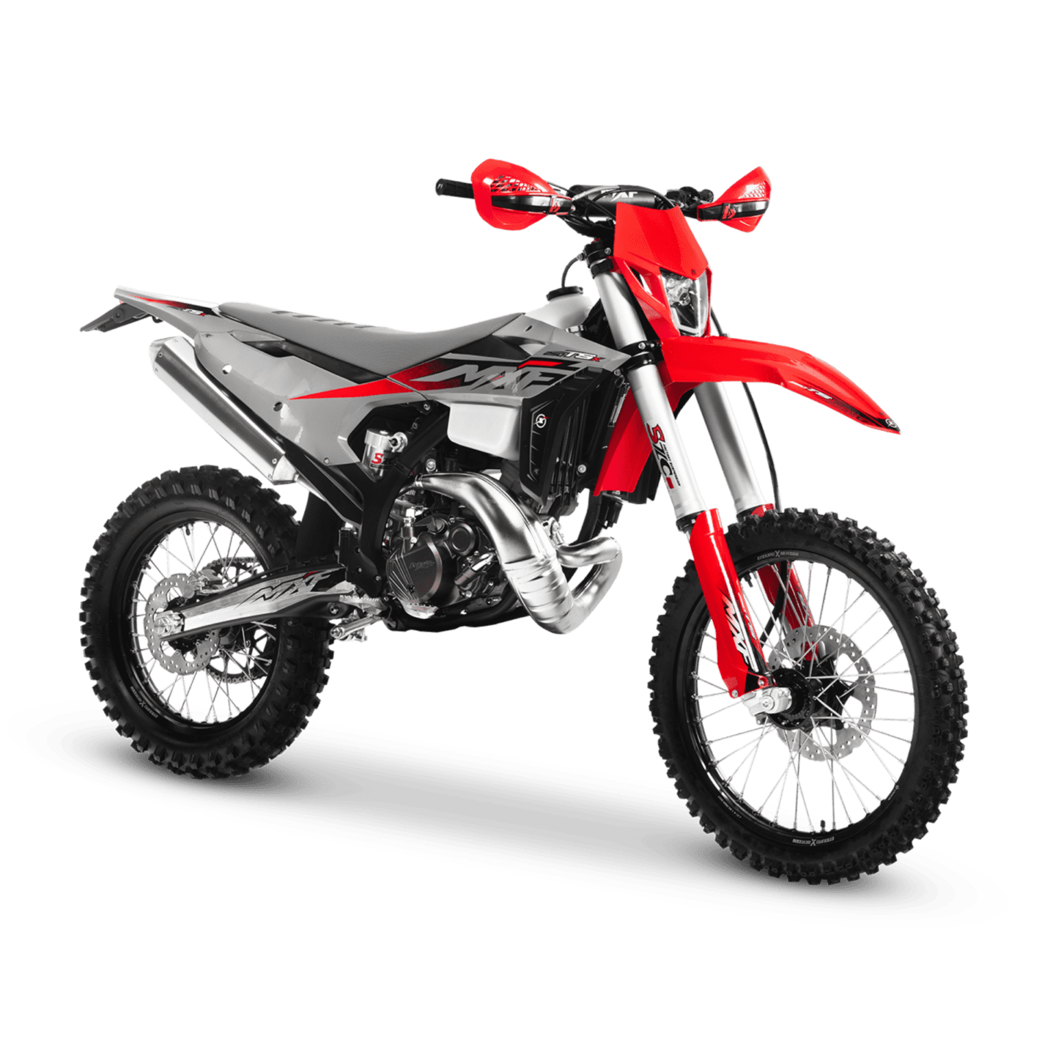 Vista frontal-lateral (3/4) da MXF 250 TSX, destacando a suspensão invertida SZC e o farol.