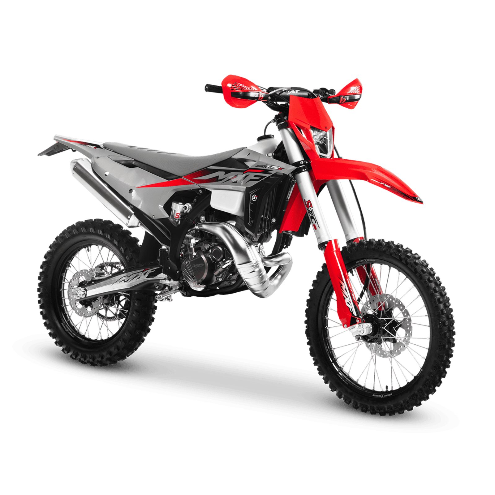 Vista frontal-lateral (3/4) da MXF 250 TSX, destacando a suspensão invertida SZC e o farol.