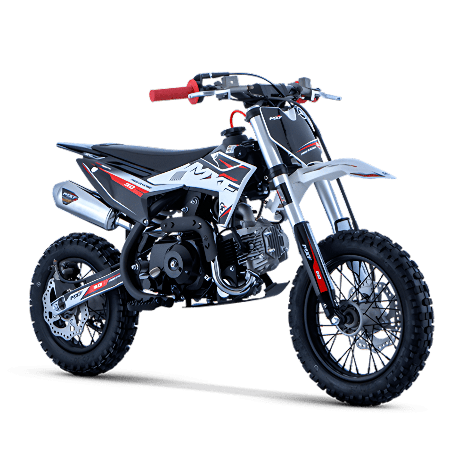 Vista frontal-lateral da MXF Pro Racing 90 com detalhes e manoplas na cor vermelha, em fundo preto isolado.