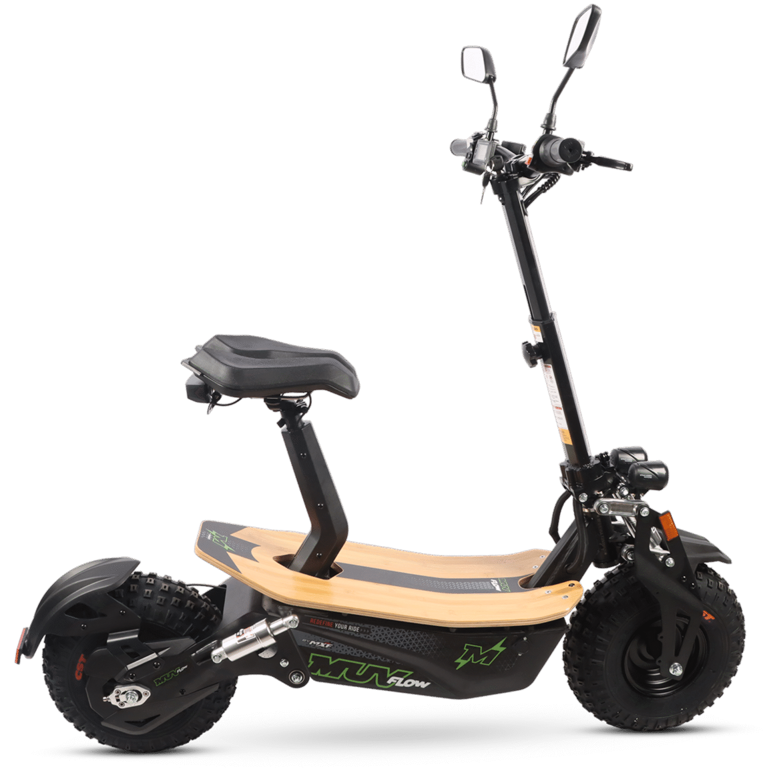 Scooter elétrica MUV Flow Verde militar vista de lado, destacando pneus largos CST e chassi reforçado.