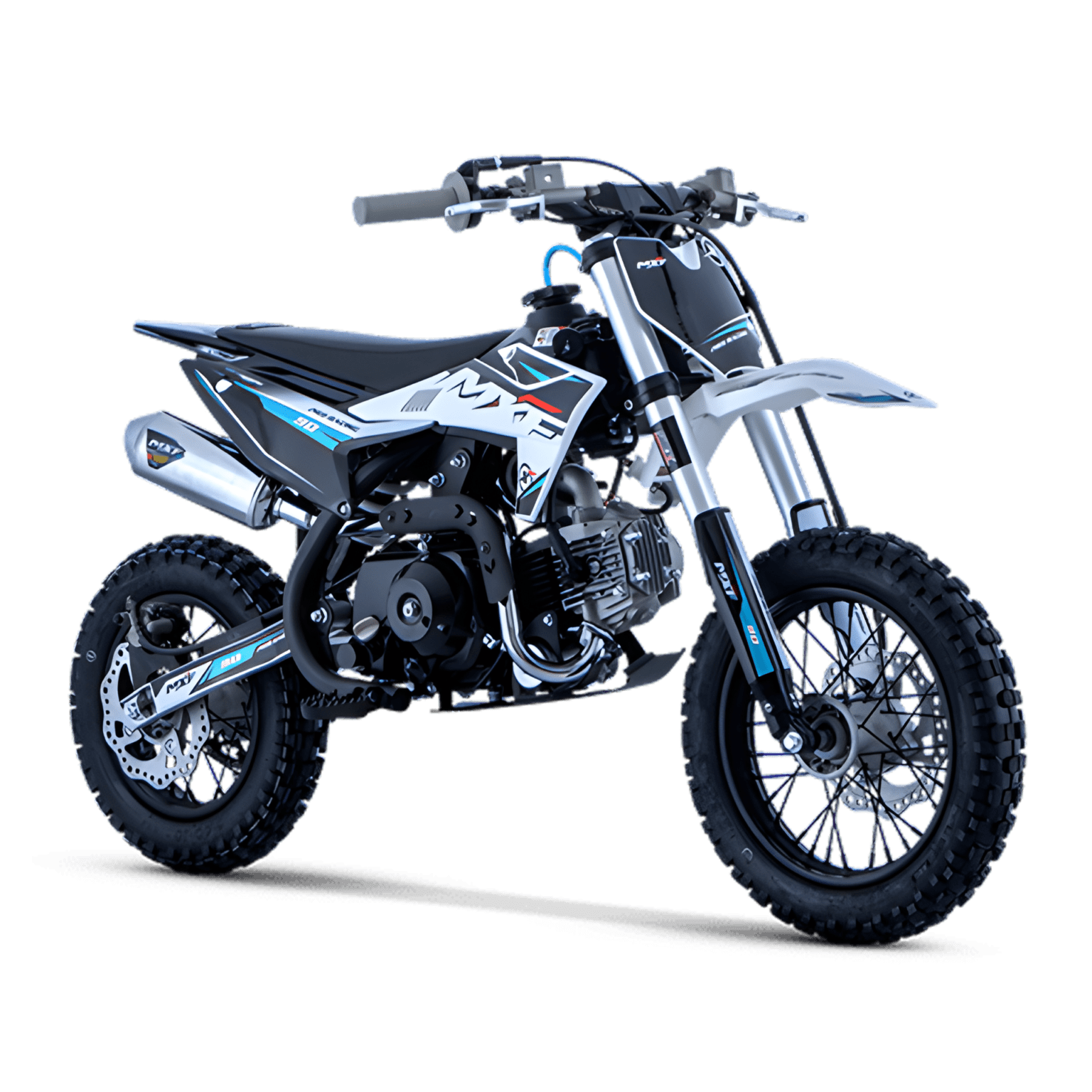 Vista frontal-lateral da MXF Pro Racing 90 com detalhes e manoplas na cor azul, em fundo preto isolado.