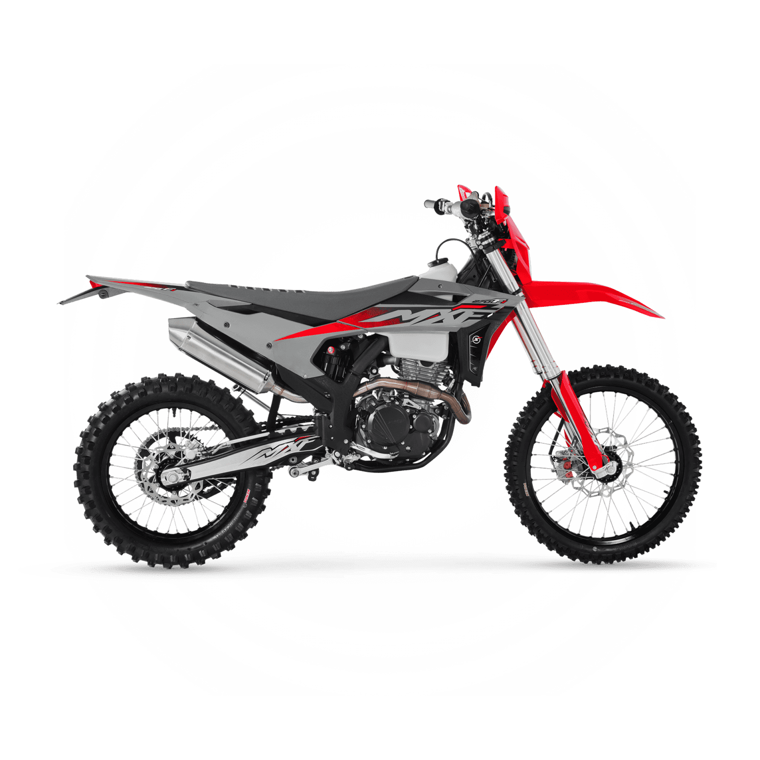 Moto MXF 270 FI vermelha e cinza, vista lateral, isolada em fundo branco.