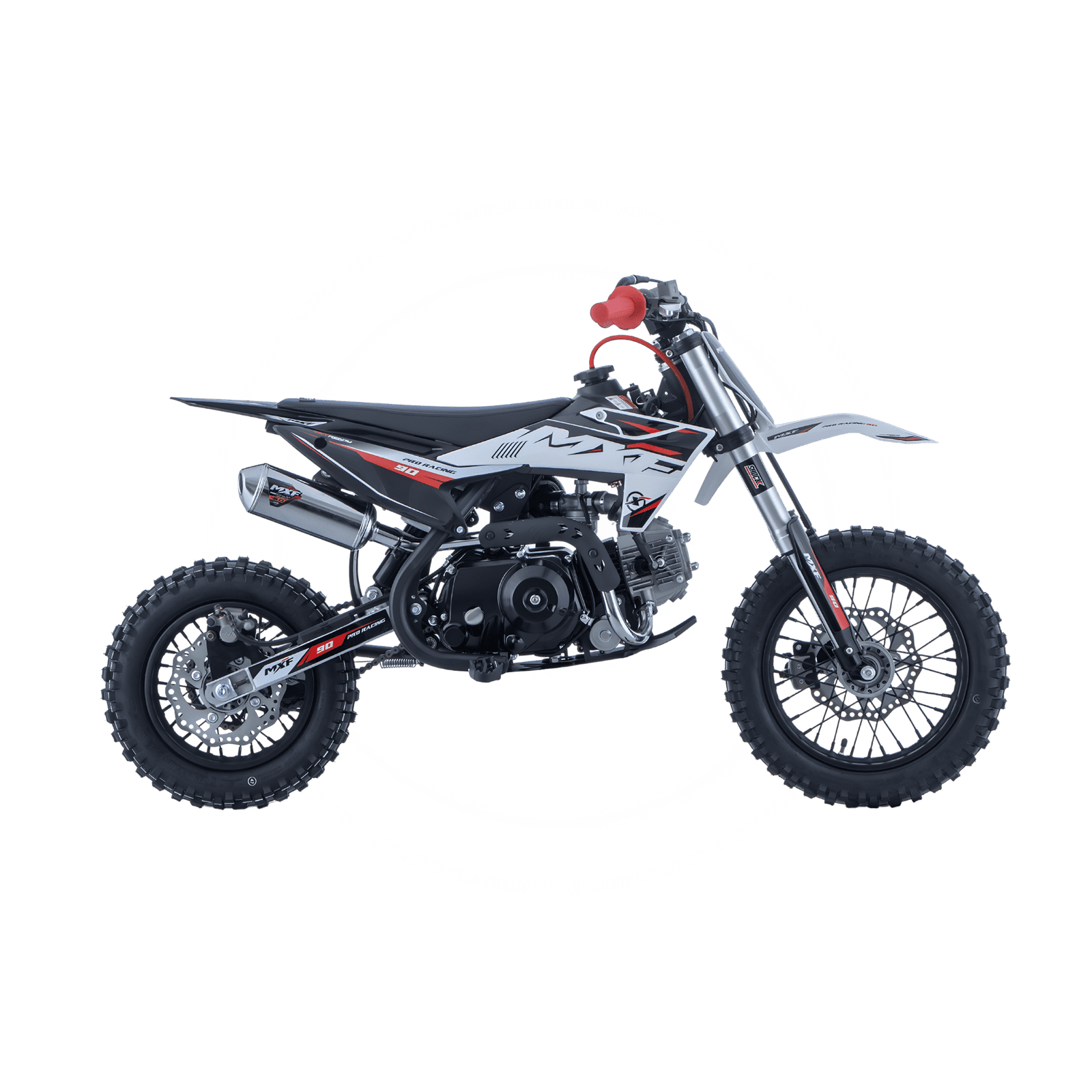 Perfil lateral completo da MXF Pro Racing 90 (cor vermelha/padrão) em fundo branco, destacada para Call to Action (Chamada para Ação).