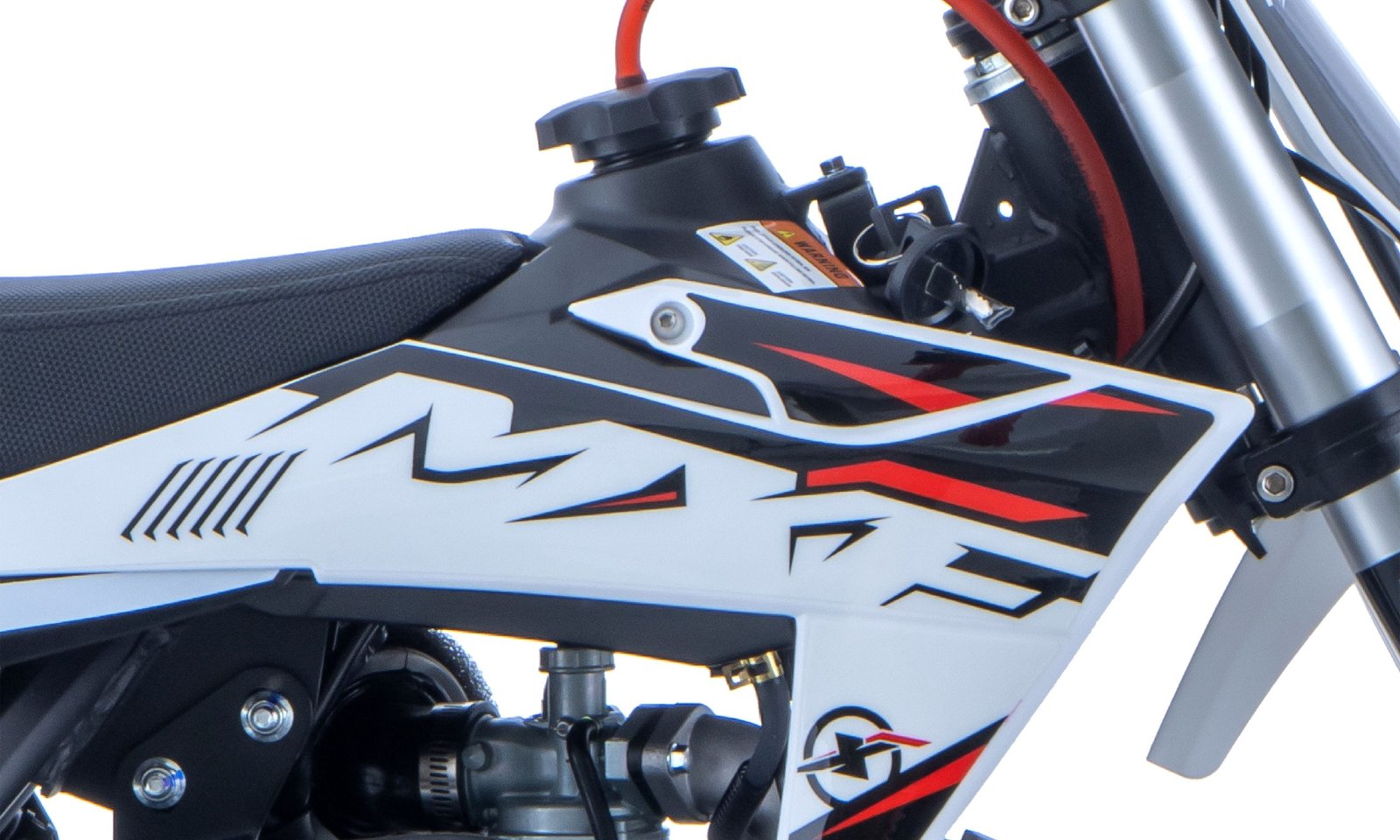 Detalhe do tanque de combustível, assento e grafismo lateral da MXF Pro Racing 90.