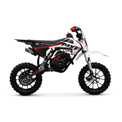 Mini moto infantil MXF Ferinha 60F vermelha em destaque, evidenciando o design racing, motor 4 tempos e porte compacto para crianças iniciantes.