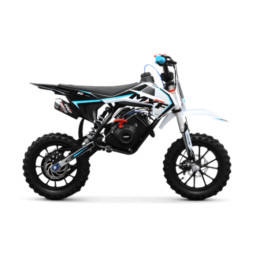 Mini moto infantil MXF Ferinha 60F azul em destaque, mostrando a ergonomia com assento de 600mm e o sistema de amortecimento Pro-Link.