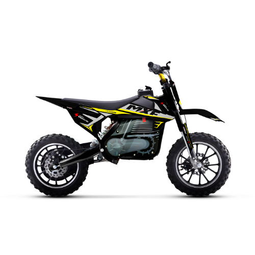 Mini moto elétrica MXF Ferinha Electric amarela vista de perfil na MXF Burt Motos Campinas.