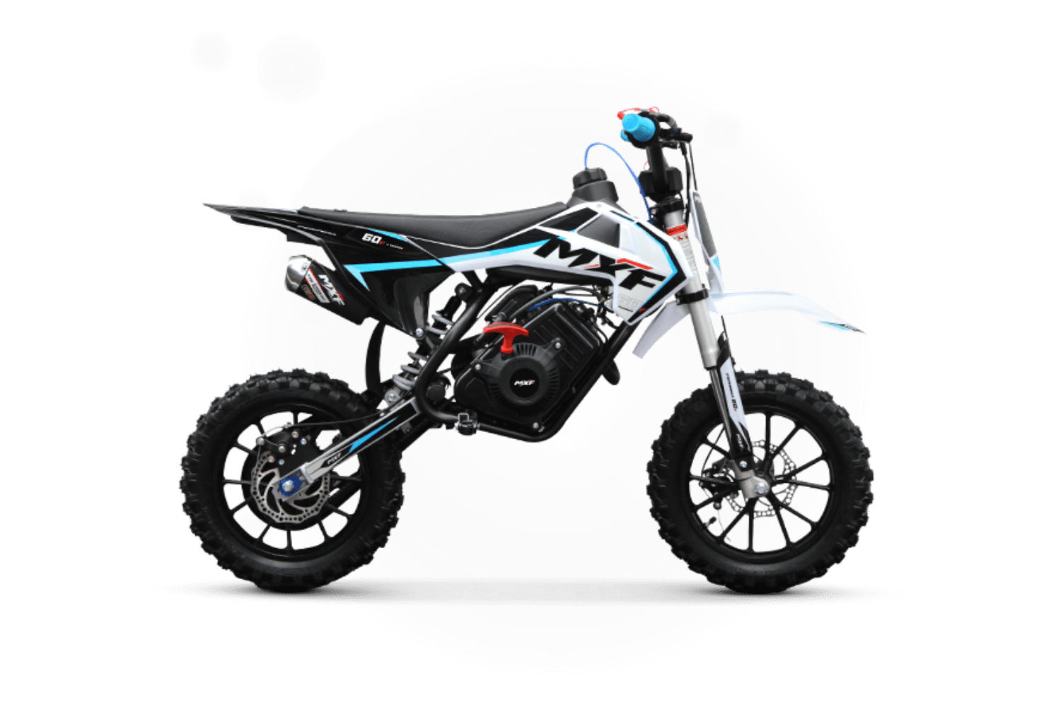 Foto promocional da mini moto MXF Ferinha 60F, destacando o custo-benefício do motor 4 tempos e a segurança dos componentes profissionais.