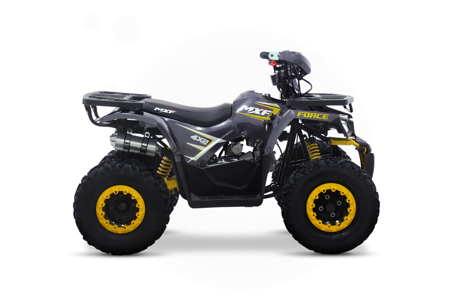 Quadriciclo MXF Force 125 amarelo completo em vista lateral para CTA de vendas na MXF Burt Motos Campinas.