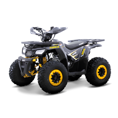 Quadriciclo MXF Force 125 amarelo posicionado em diagonal na MXF Burt Motos Campinas.