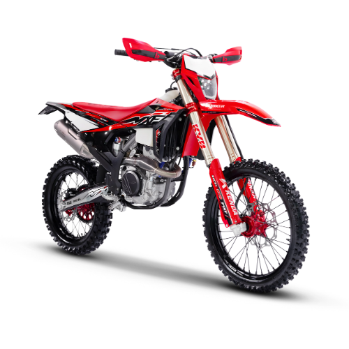 Moto de competição MXF 250 RXI-R vermelha em ângulo diagonal na MXF Burt Motos Campinas.