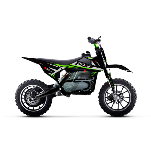 Mini moto elétrica MXF Ferinha Electric verde vista lateral na MXF Burt Motos Campinas.