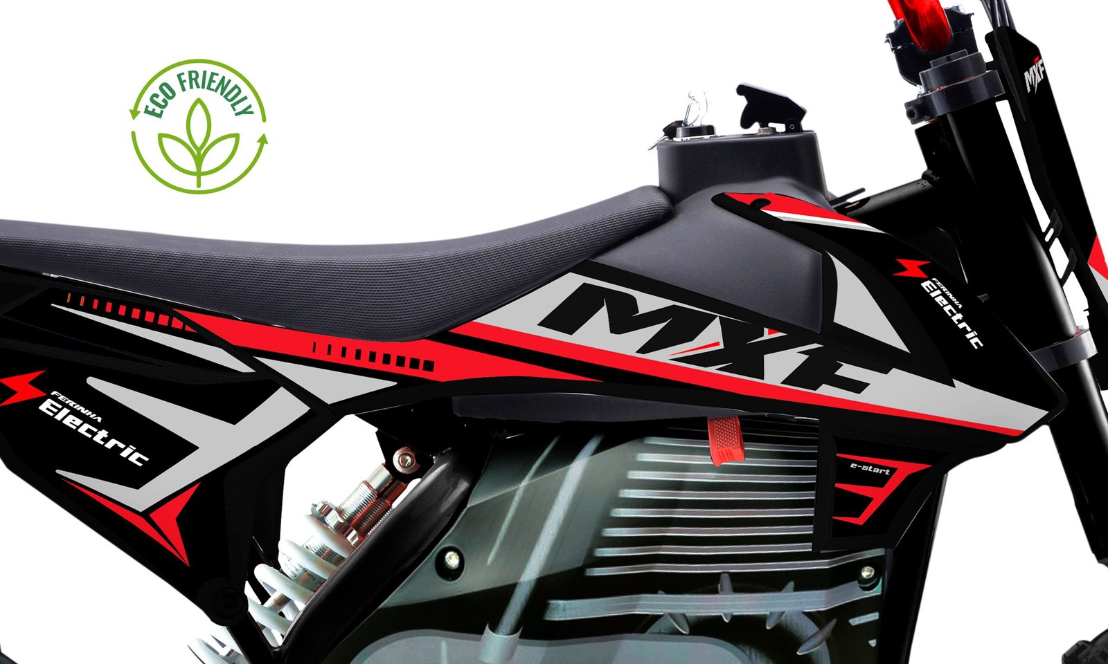 Detalhe do seletor de 3 níveis de velocidade e selo Eco Friendly da mini moto MXF Ferinha Electric na MXF Burt Motos.