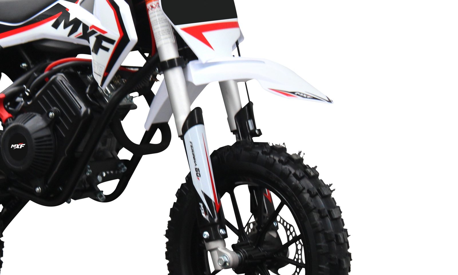 Suspensão dianteira invertida 515mm da mini moto MXF Ferinha 60F, ideal para absorção de impactos em terrenos off-road.