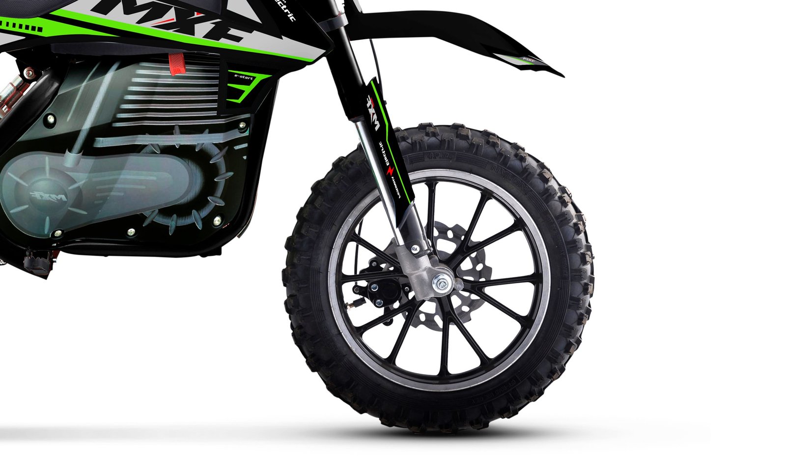 Detalhe da suspensão dianteira invertida e roda aro 10 com freio a disco da mini moto MXF Ferinha Electric na Burt Motos.