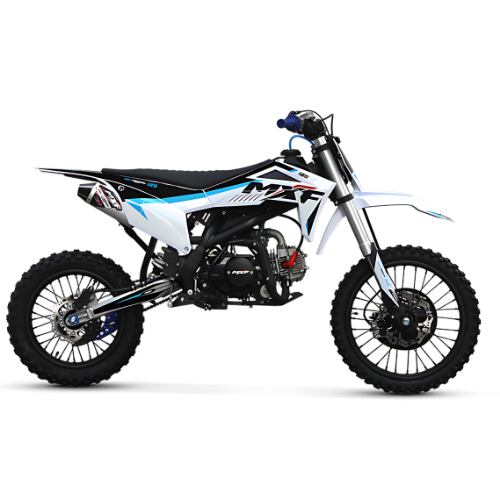 Moto off-road MXF Pro Racing 125 RR azul com rodas raiadas e freios a disco, apontada para a direita, disponível na Burt Motos.