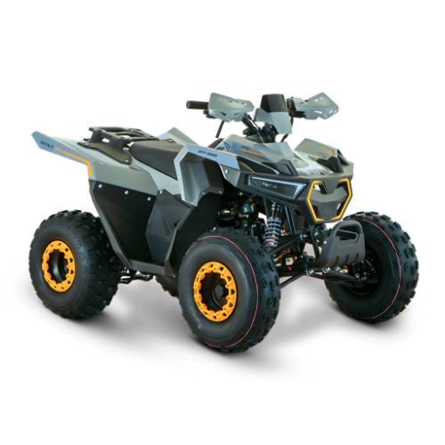 Quadriciclo MXF Brave 150 cinza com detalhes em amarelo e preto, destacando o design off-road na MXF Burt Motos em Campinas.