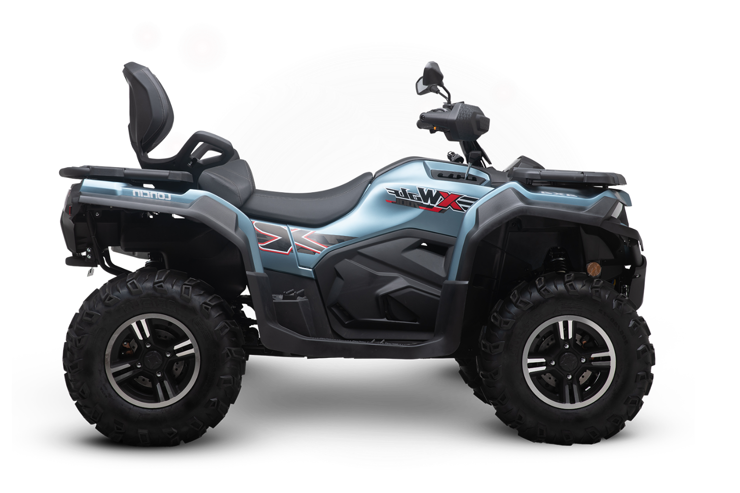 Visão lateral do quadriciclo MXF Wolf 700L azul voltado para a direita, destacando o porte imponente e o design premium na MXF Burt Motos em Campinas.