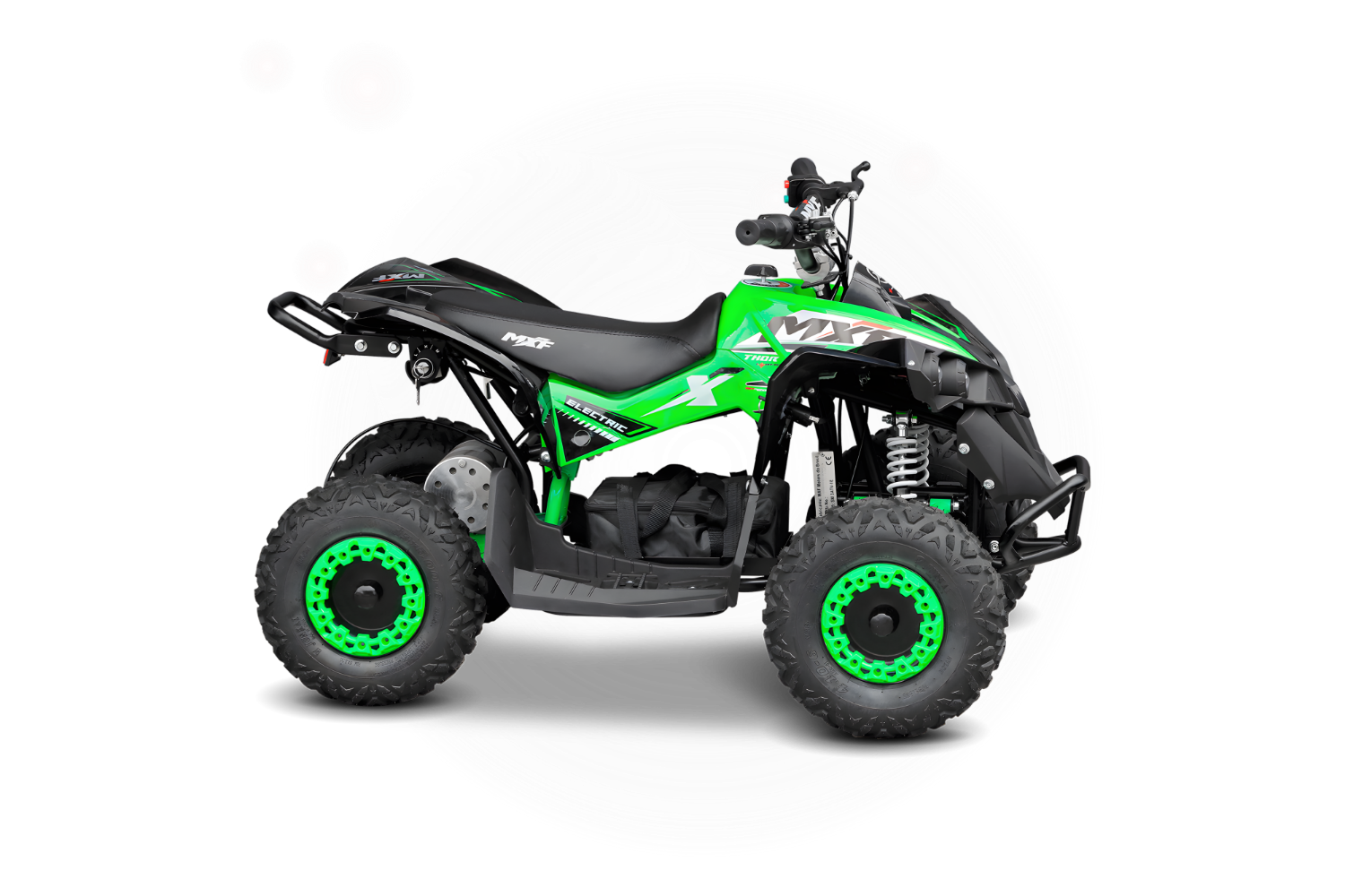 Mini quadriciclo elétrico infantil MXF Thor Electric 1000W na cor verde, vista lateral com frente para a direita — Burt Motos Campinas.