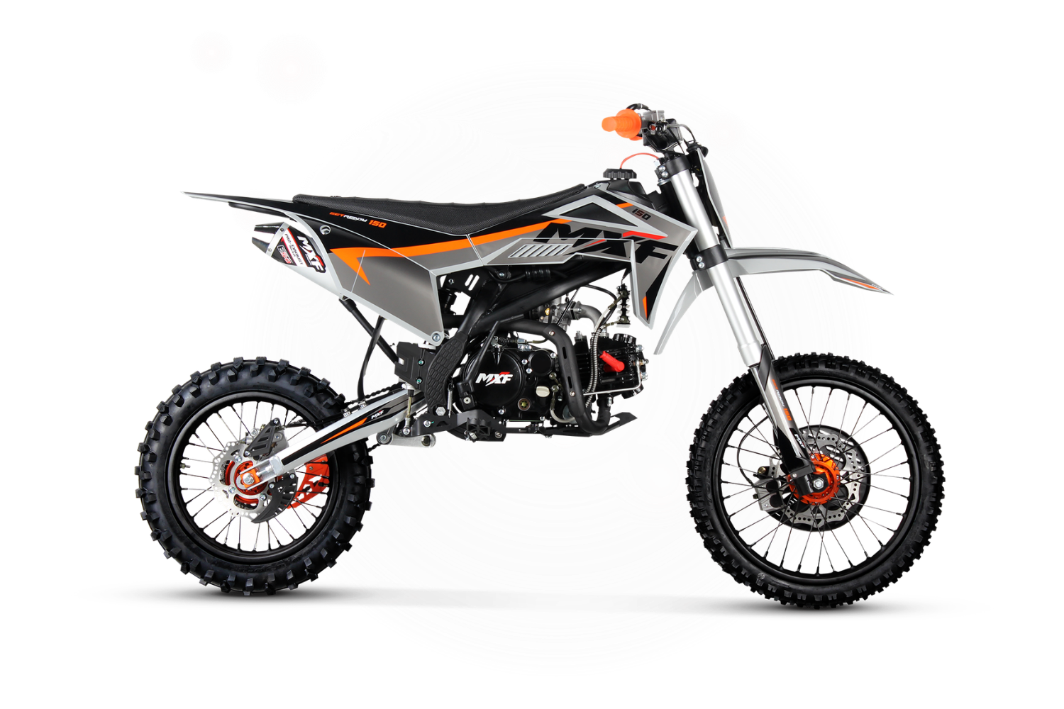 Fotografia da Pit Bike MXF Pro Racing 150 RR em vista lateral completa, com a frente apontada para a direita, realçando o design off-road profissional — Burt Motos Campinas.