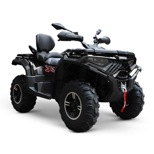 Quadriciclo MXF Wolf 700L preto fosco/brilhante, exibindo o chassi reforçado e rack de carga, exposto na MXF Burt Motos em Campinas.