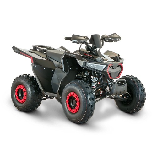 Visão lateral do quadriciclo Brave 150 preto com aros de roda vermelhos, focado em performance e aventura off-road na Burt Motos.