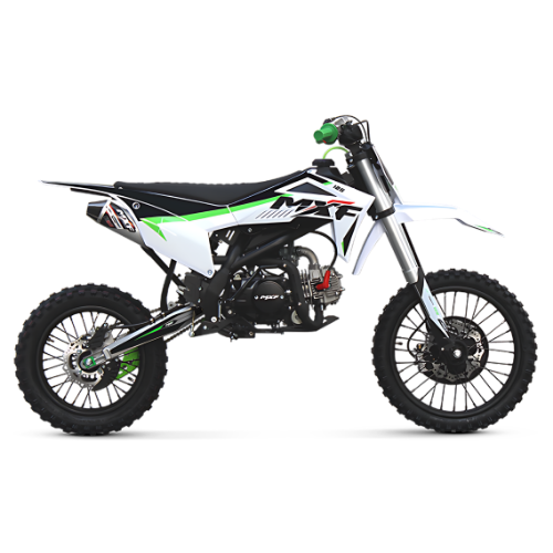 Vista lateral da pit bike MXF Pro Racing 125 RR na cor verde, destacando a suspensão invertida e os pneus off-road na MXF Burt Motos em Campinas.