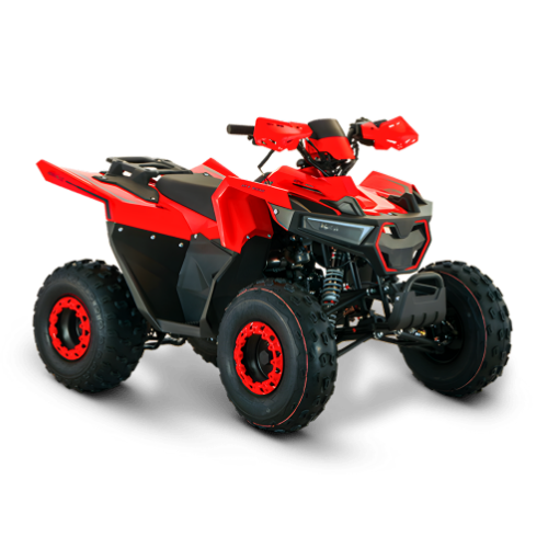 Quadriciclo MXF Brave 150 vermelho com rodas pretas e design esportivo, exposto na concessionária de Campinas.
