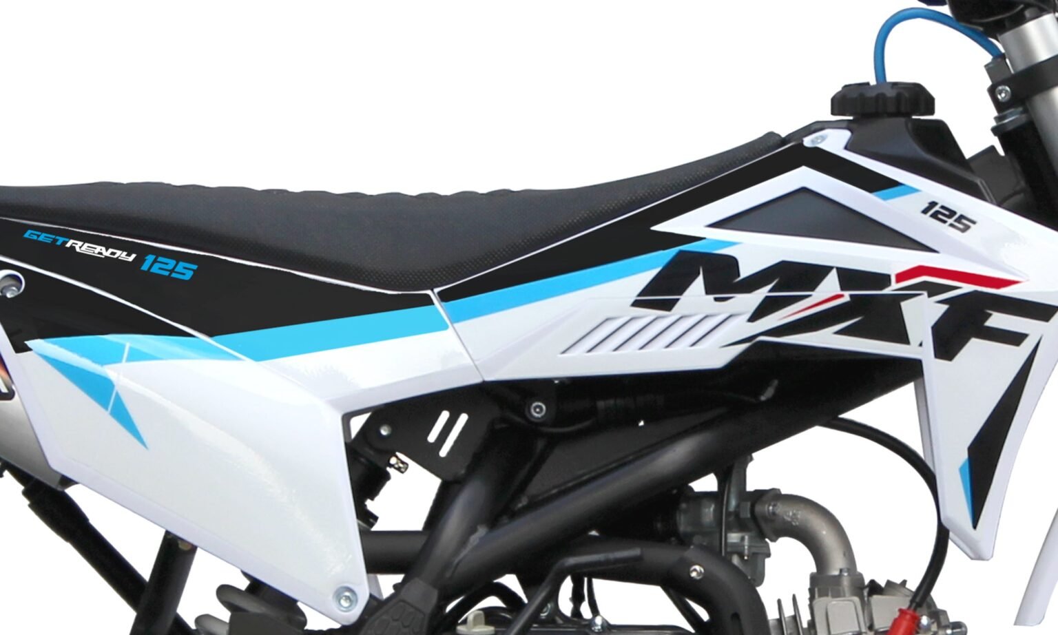 Detalhe da lateral da pit bike MXF Pro Racing 125 RR azul, destacando o chassi reforçado e os gráficos esportivos na MXF Burt Motos em Campinas.