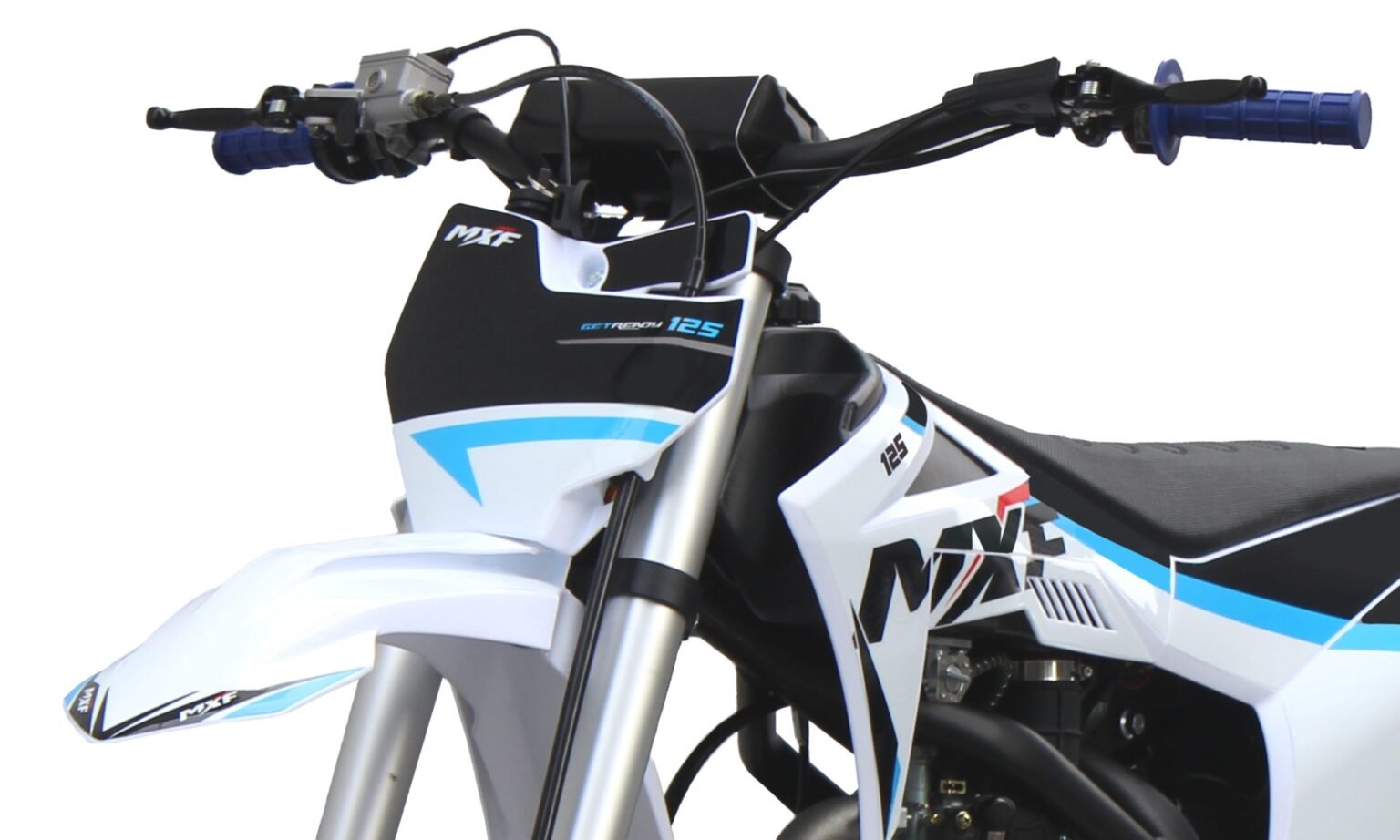 Vista frontal da pit bike MXF Pro Racing 125 RR azul, destacando a suspensão dianteira invertida e o design desportivo na MXF Burt Motos em Campinas.