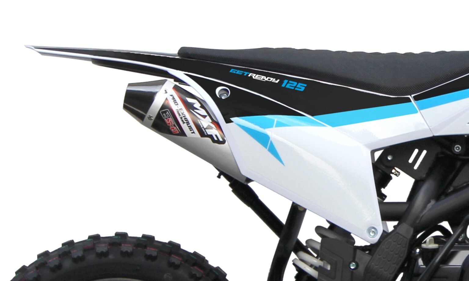 Detalhe da ponteira esportiva em alumínio do escapamento da pit bike MXF Pro Racing 125 RR azul na MXF Burt Motos em Campinas.