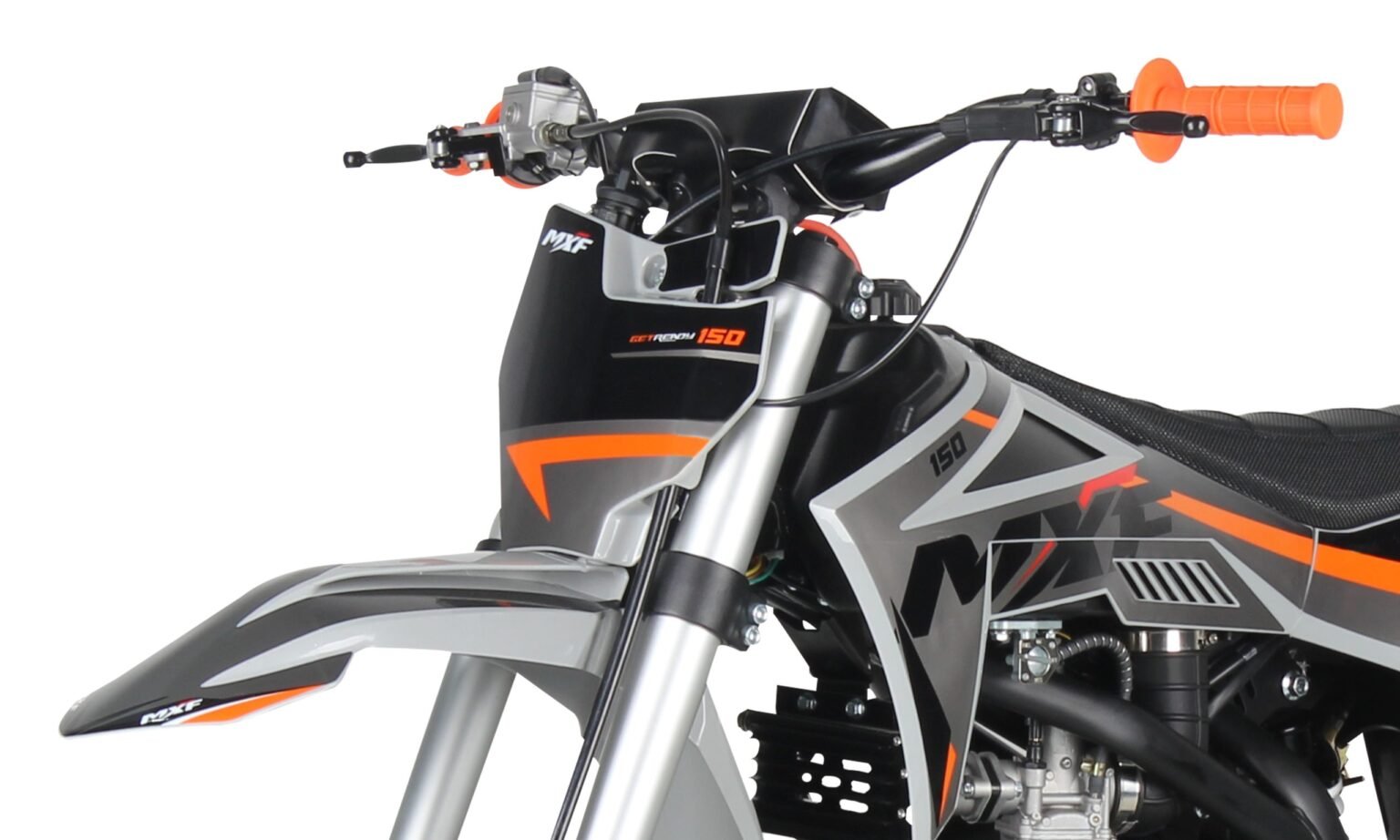 Detalhe frontal da Pit Bike MXF Pro Racing 150 RR cor laranja, evidenciando o conjunto de suspensão invertida e o sistema de travagem a disco - Burt Motos Campinas.