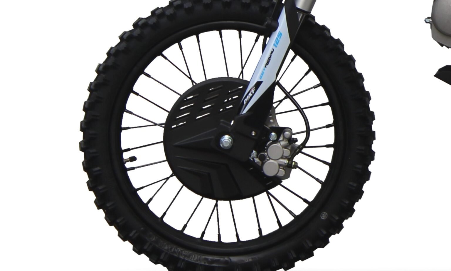 Detalhe da roda dianteira aro 17 com cubo de alumínio e freio a disco da pit bike MXF Pro Racing 125 RR azul na MXF Burt Motos em Campinas.