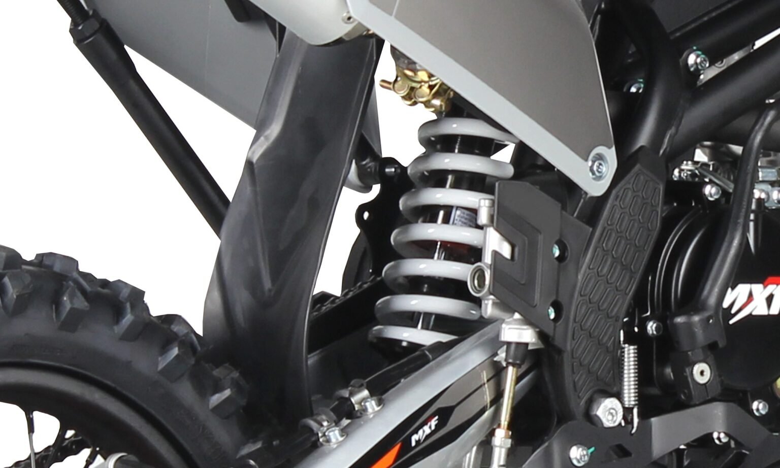 Detalhe do amortecedor hidráulico de 335mm e sistema de suspensão traseira Pro-Link da Pit Bike MXF Pro Racing 150 RR - Burt Motos Campinas.